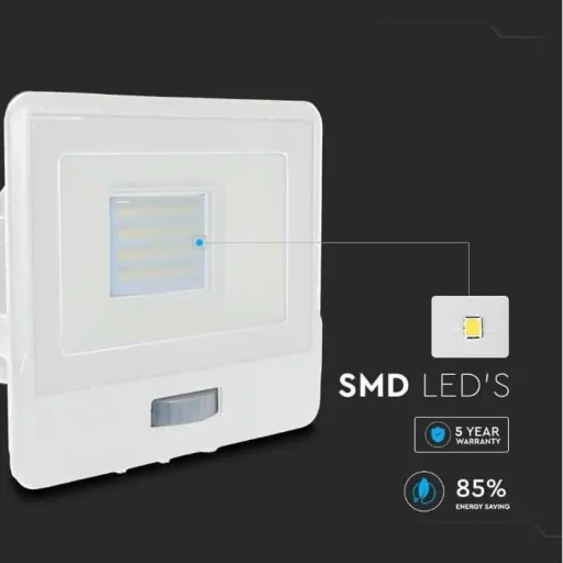 VT-128S LED Floodlight with Sensor - 20 W - 1510 Lm - 4000K - White