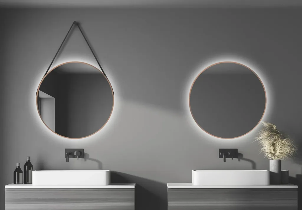 Decorative round wall mirror with indirect LED lighting in matt copper Ø 80 cm