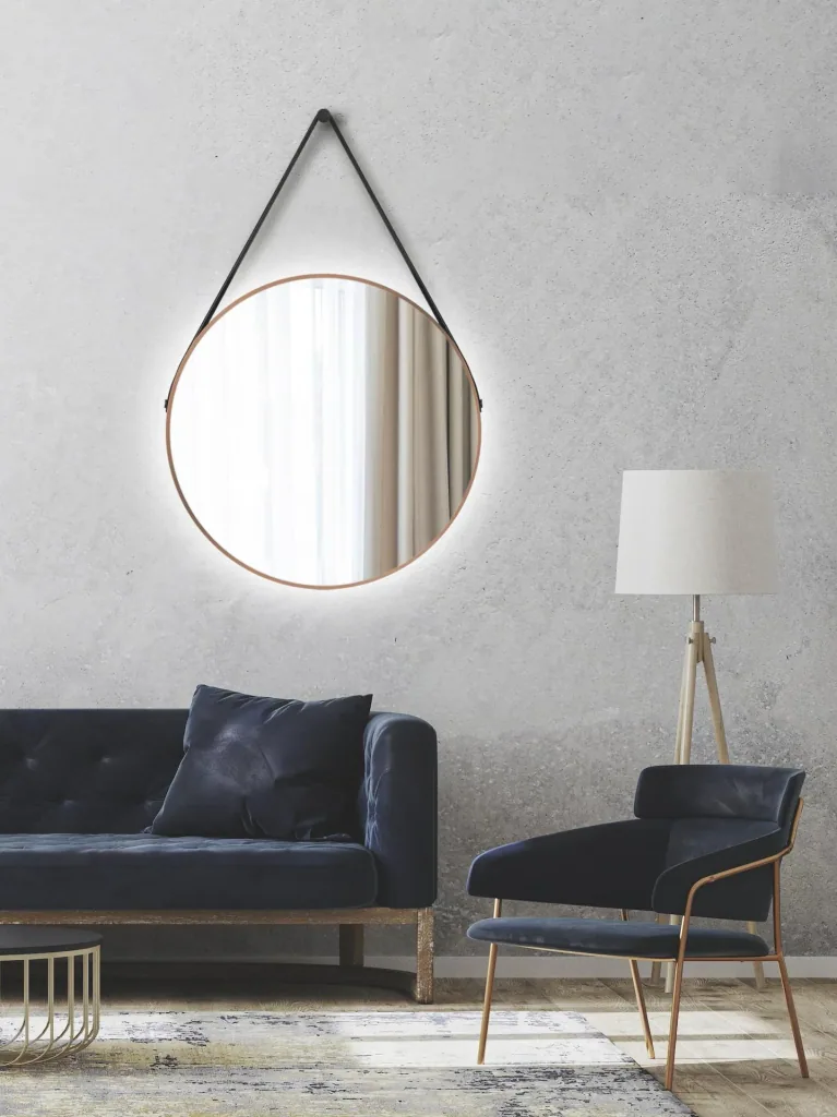 Decorative round wall mirror with indirect LED lighting in matt copper Ø 80 cm