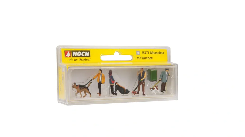 People with dogs, 4 figures with dog, 1 trash can
