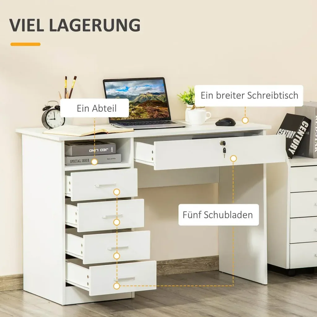 Computer desk with 5 drawers and shelf, office desk with lock, large work surface, white, 110 x 50 x 76 cm