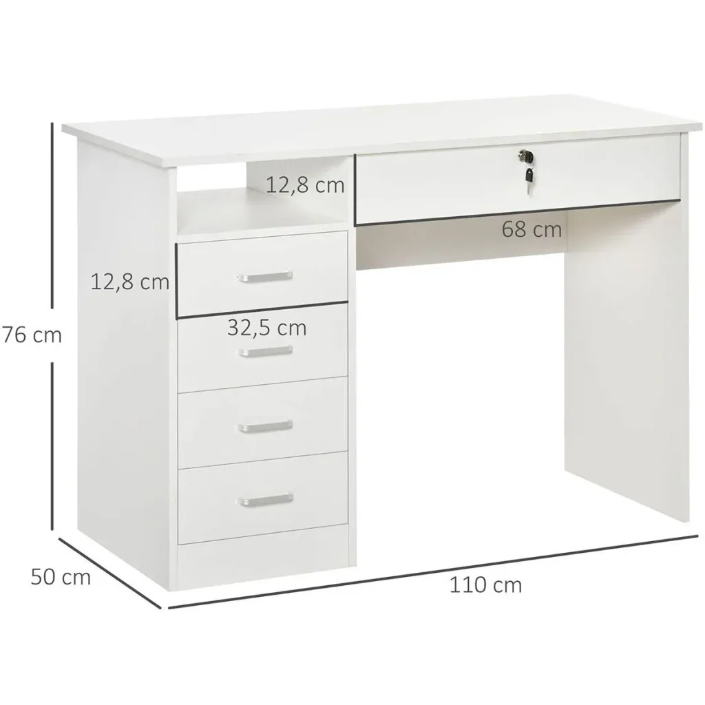 Computer desk with 5 drawers and shelf, office desk with lock, large work surface, white, 110 x 50 x 76 cm