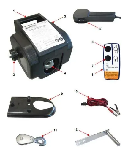 Motor winch, 2,700 kg, portable with radio remote control