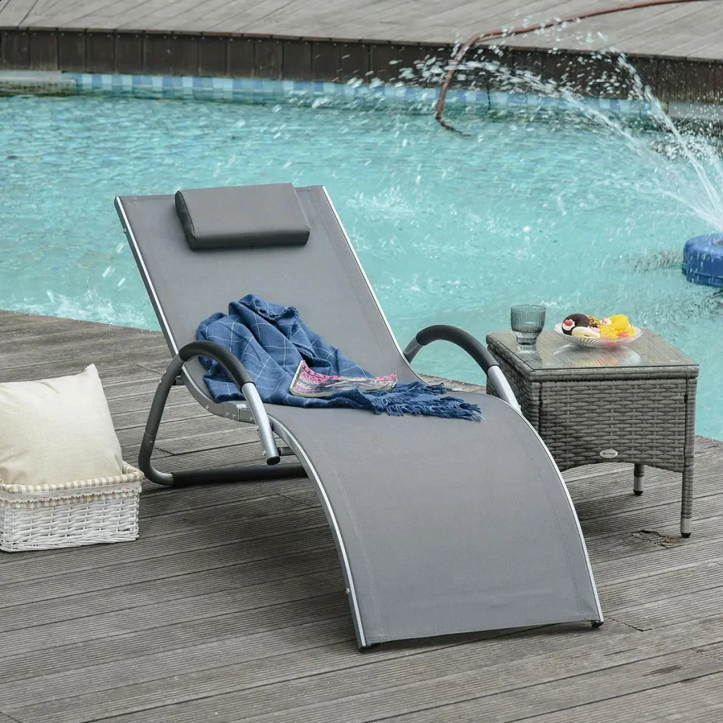 Garden loungers with cushions, sun lounger, ergonomic aluminum, texteline, dark gray, 160 x 60 x 65 cm