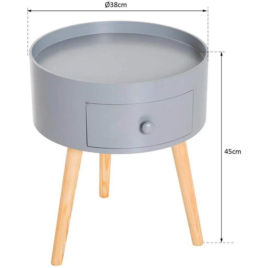 Round coffee table with drawer, grey wood