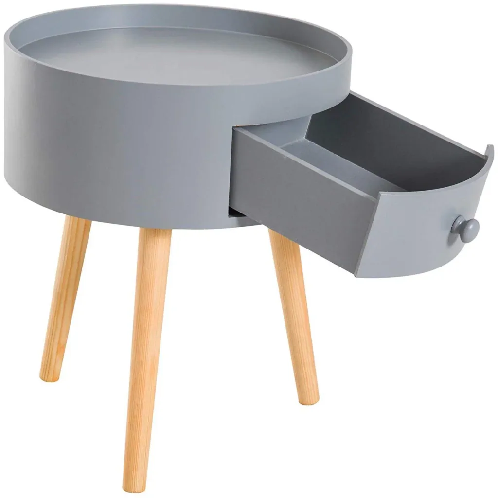 Round coffee table with drawer, grey wood
