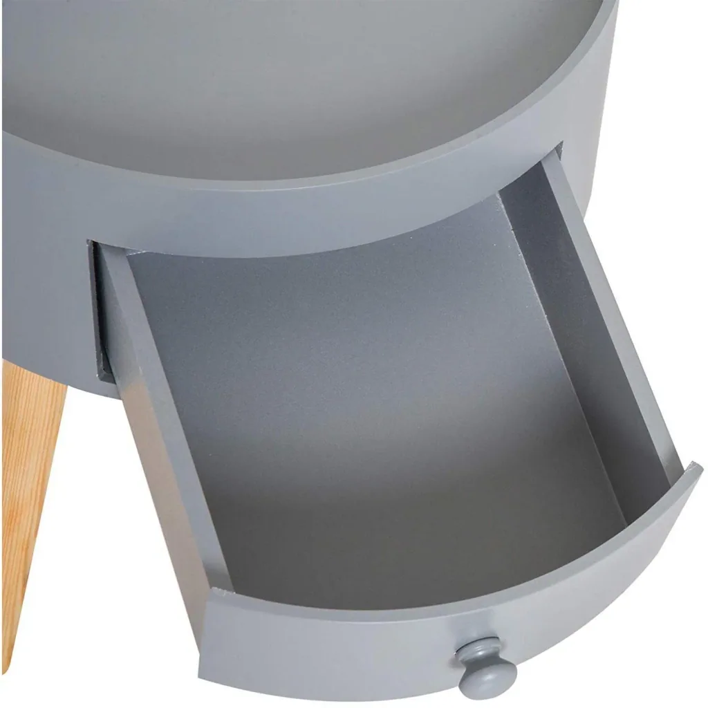 Round coffee table with drawer, grey wood