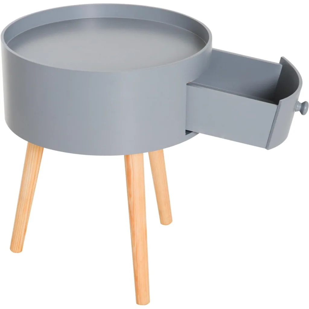 Round coffee table with drawer, grey wood