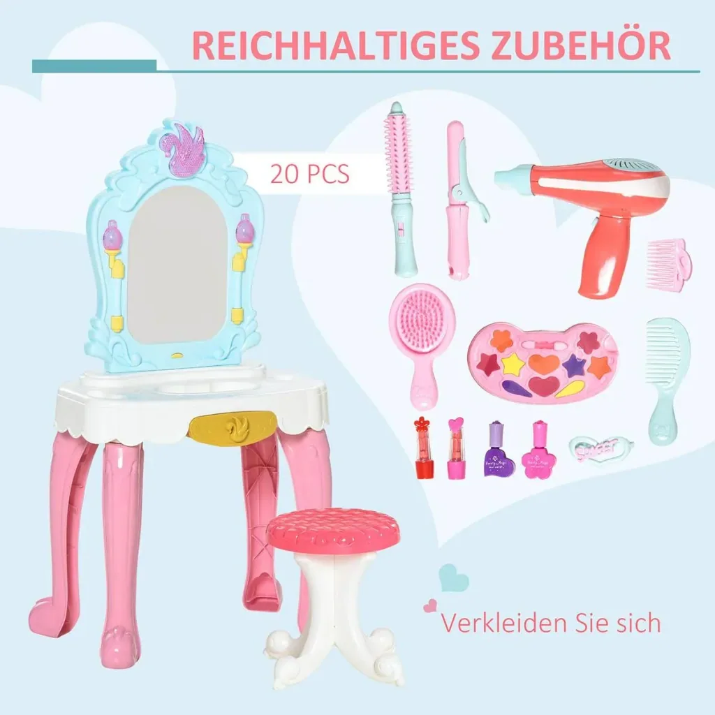 20 pcs. Children's dressing table with stool, hairdryer, dressing table, music light, toy for 3-6 years old children, plastic R