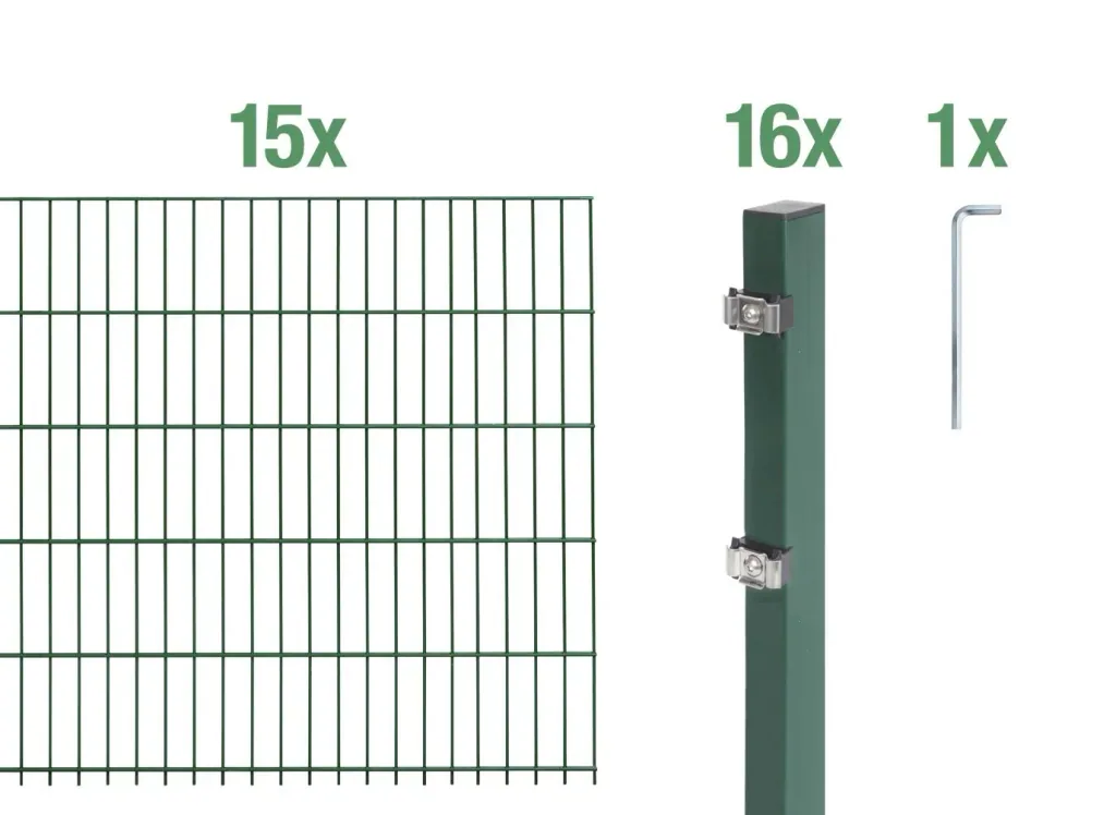 Double rod mesh fence complete set, green, height 140 cm, length 30 m