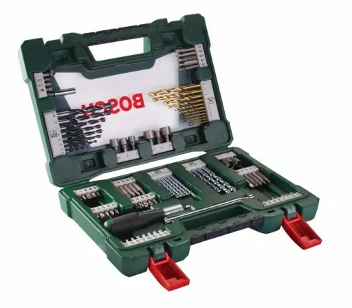 V-Line TiN drill and bit set with ratchet screwdriver and magnetic bar, 91 pieces