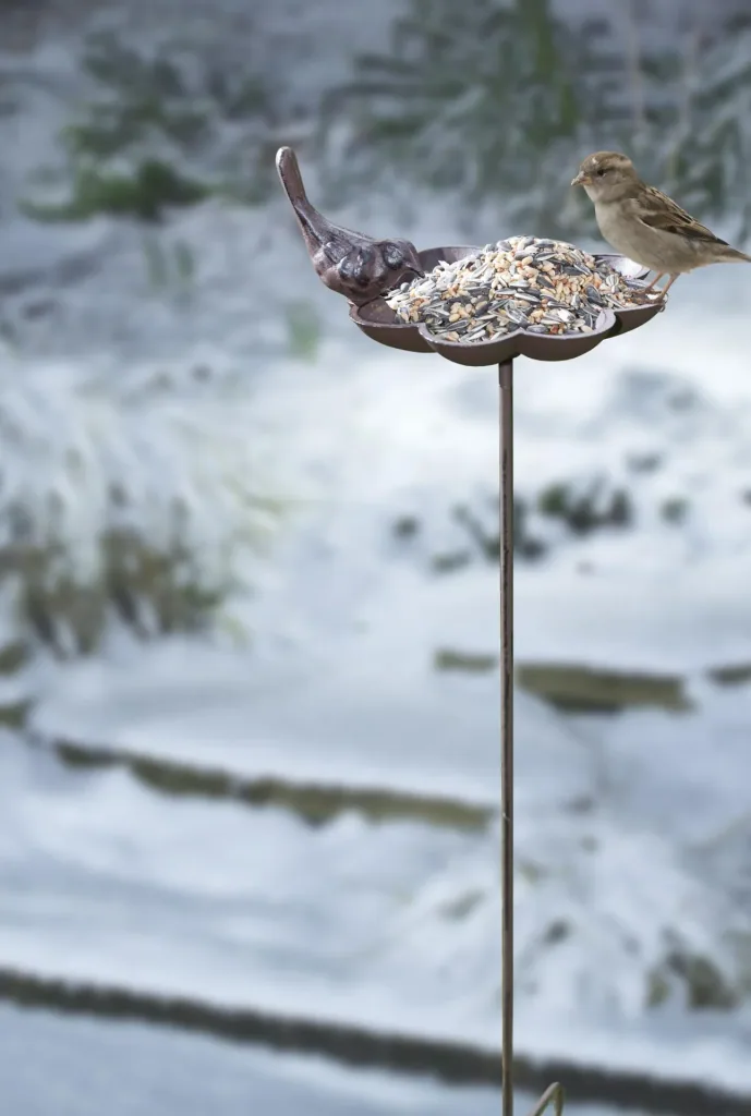 Birdbath with ground spike, cast iron, bird design