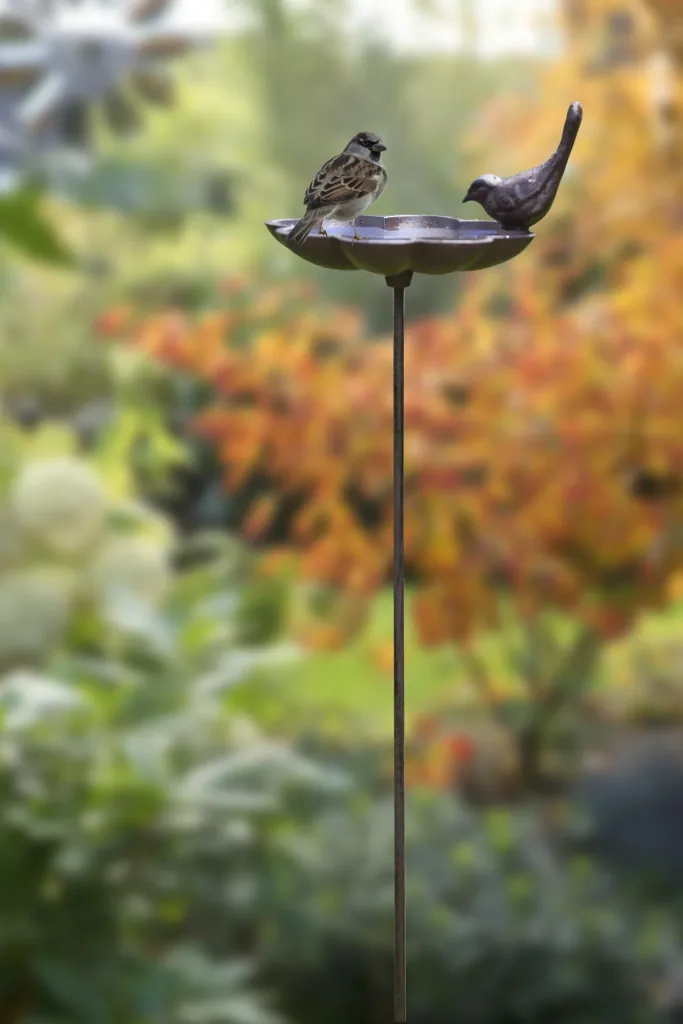 Birdbath with ground spike, cast iron, bird design