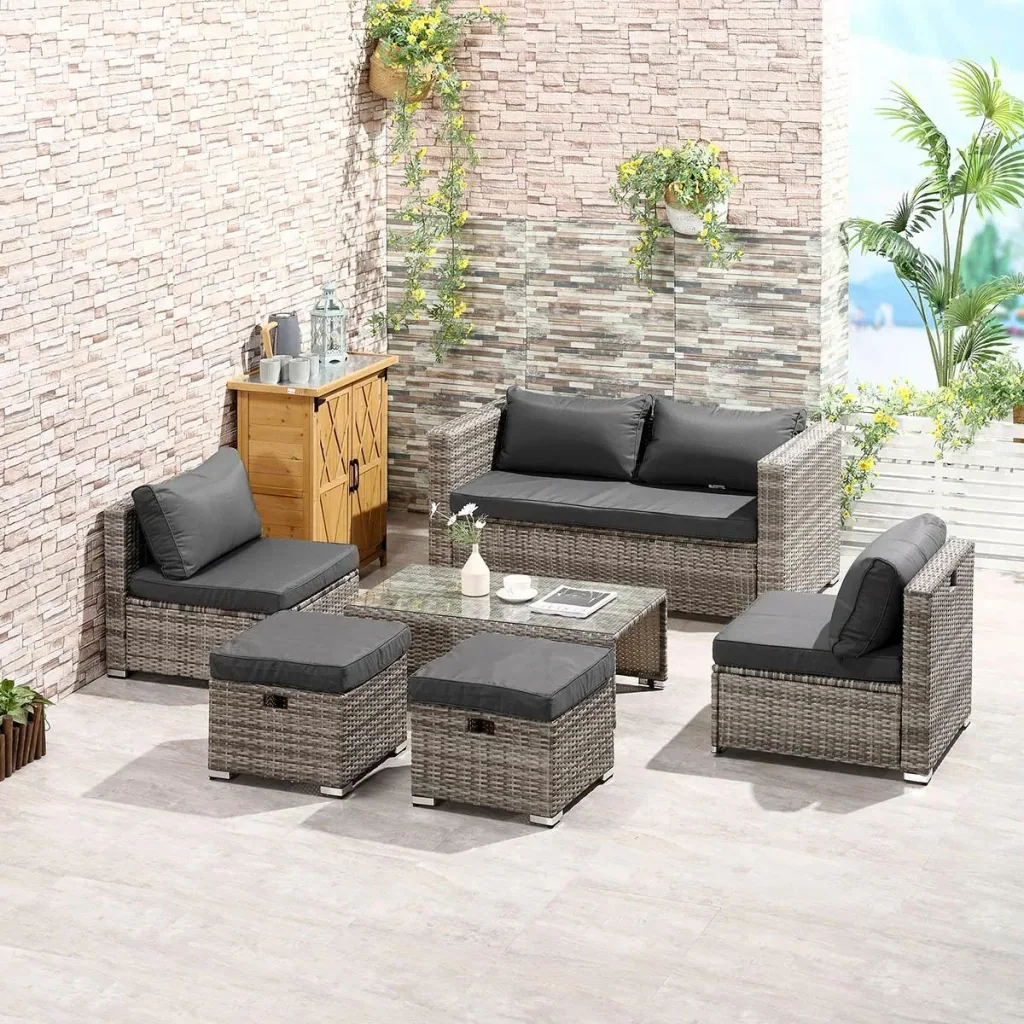 6-piece lounge set in rattan look, metal+polyester, grey