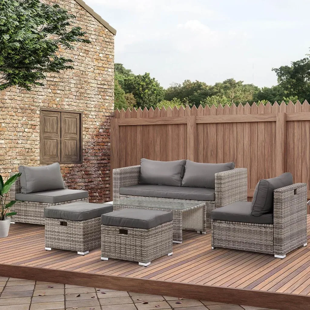 6-piece lounge set in rattan look, metal+polyester, grey