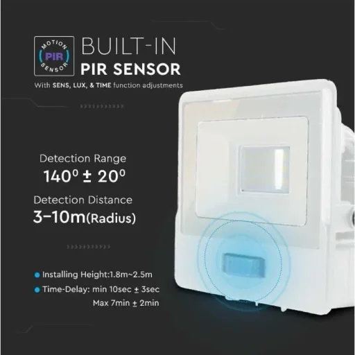 VT-118S LED Floodlight with Sensor - 10 W - 735 Lm - 3000K - White