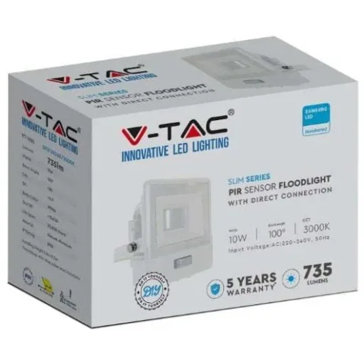 VT-118S LED Floodlight with Sensor - 10 W - 735 Lm - 3000K - White