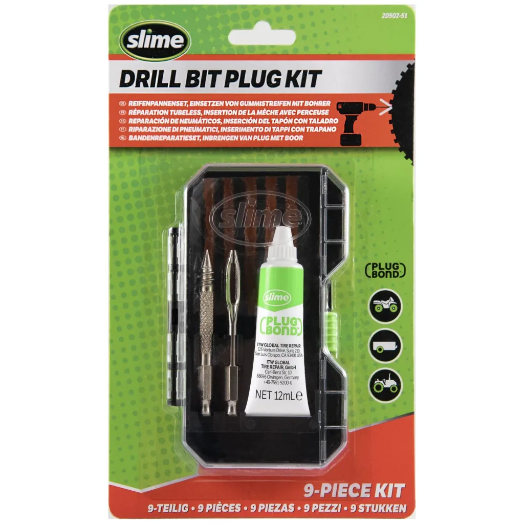 Tire repair kit, rubber strip insertion with drill, drill bit plug kit