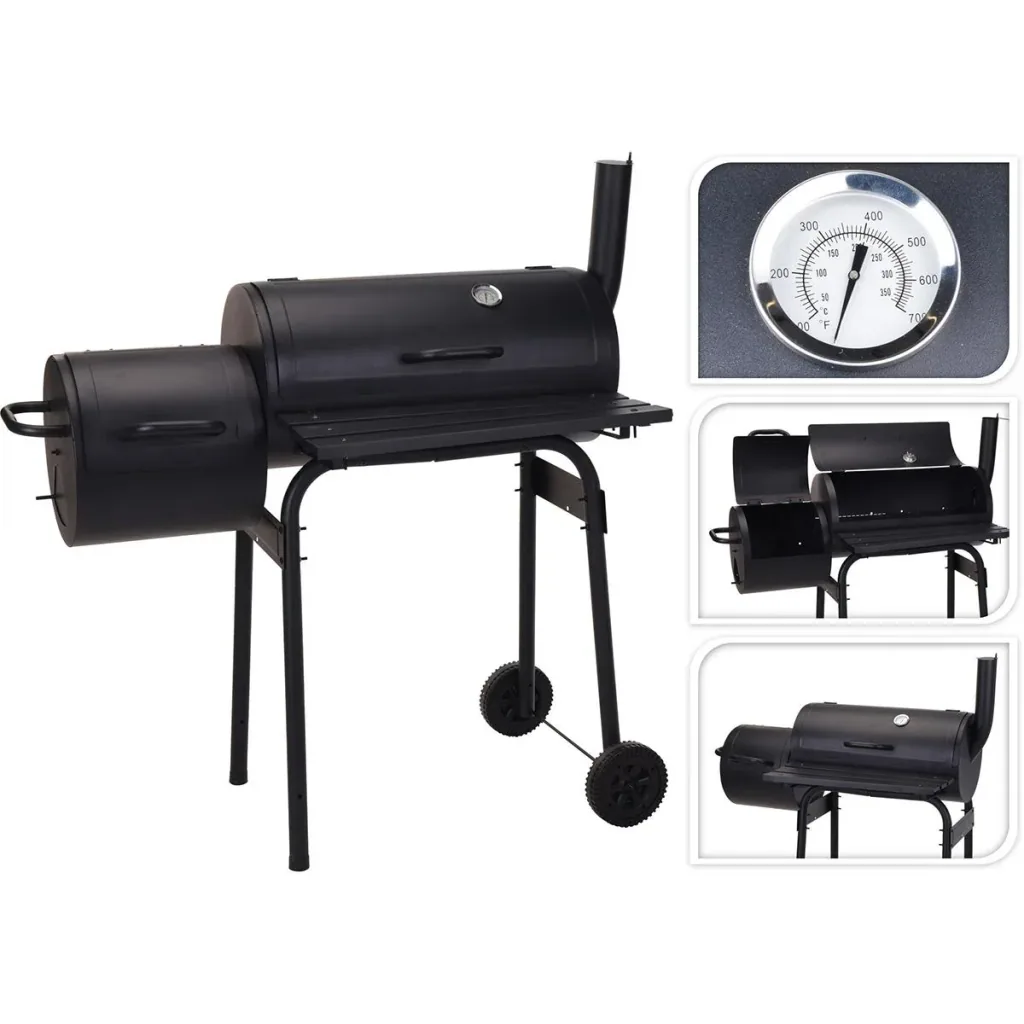 BBQ Grill - Smoker black with thermostat and 3-piece BBQ tool set - Grill area 66 x 34 cm