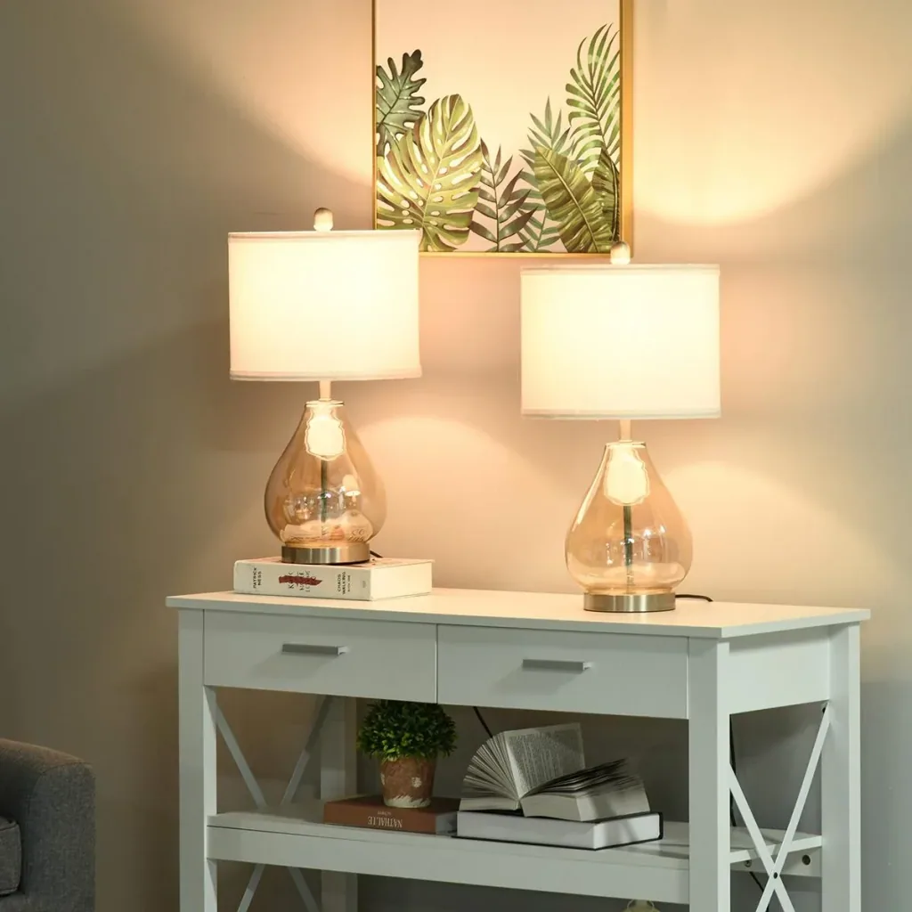 Set of 2 table lamps with linen lampshade white/silver/amber