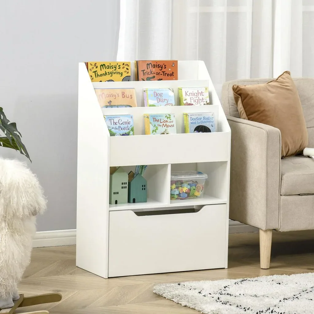 Children's shelf with drawer, standing shelf, bookcase, decorative shelf with compartments, white, 60 x 29.9 x 90 cm