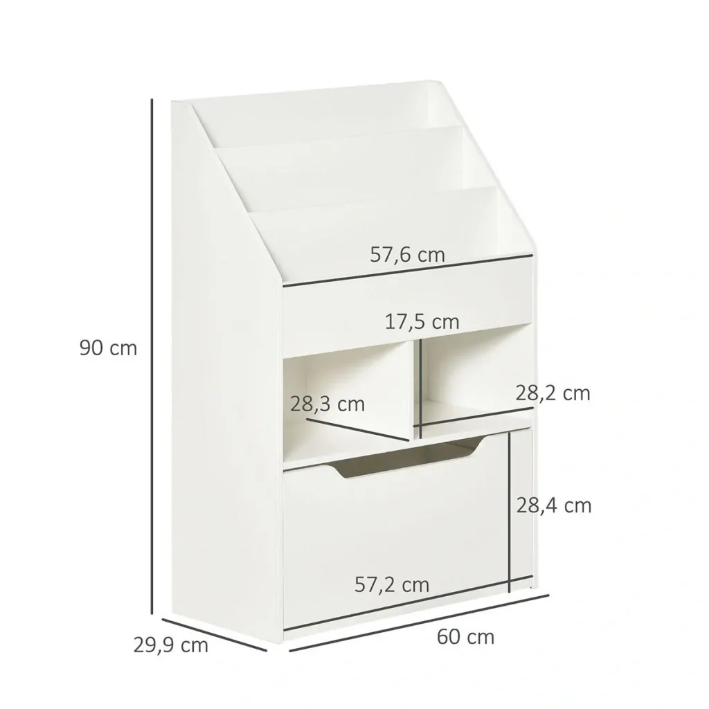Children's shelf with drawer, standing shelf, bookcase, decorative shelf with compartments, white, 60 x 29.9 x 90 cm