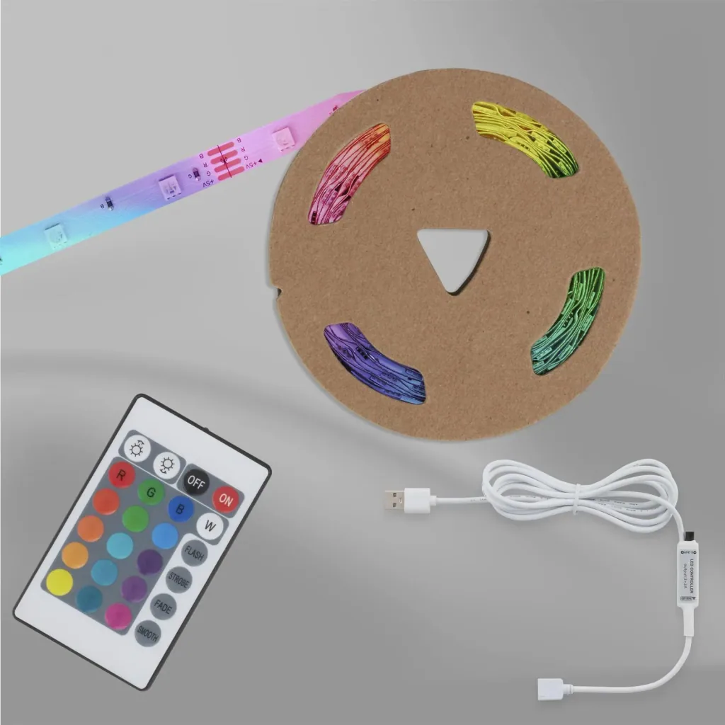 USB RGB LED flex strip, 5 m, 150 RGB LEDs, including remote control, color change, self-adhesive