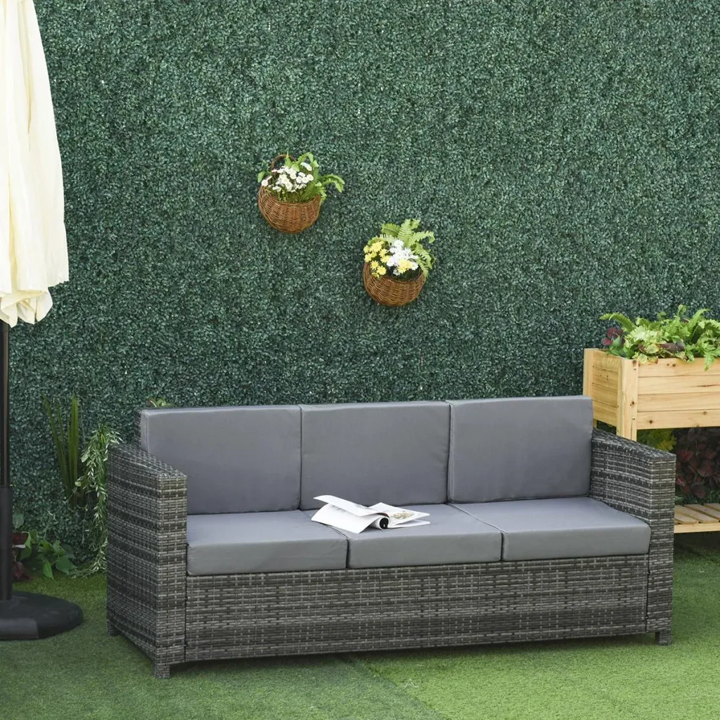 Poly-Rattan Sofa with Cushions 3-Seater Garden Lounge Sofa Metal Polyester Grey 185 x 70 x 80 cm