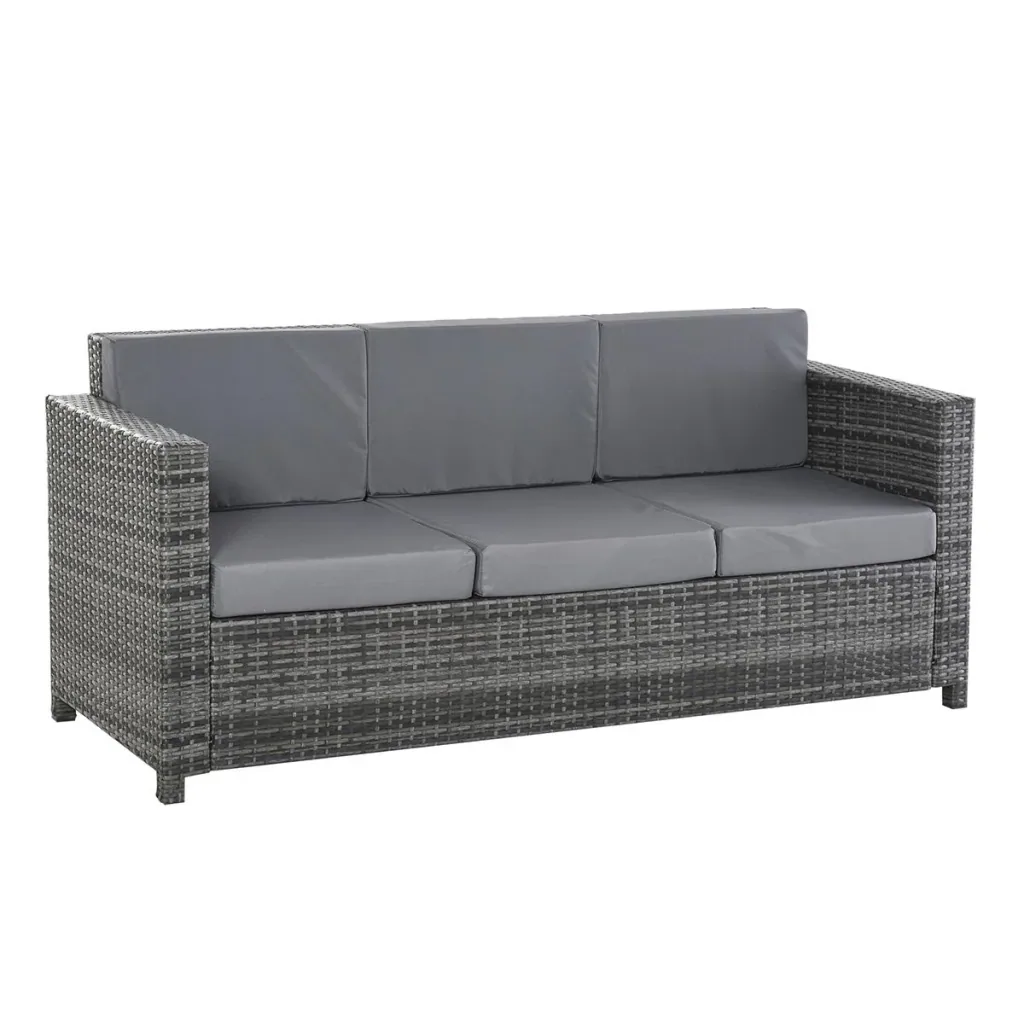 Poly-Rattan Sofa with Cushions 3-Seater Garden Lounge Sofa Metal Polyester Grey 185 x 70 x 80 cm