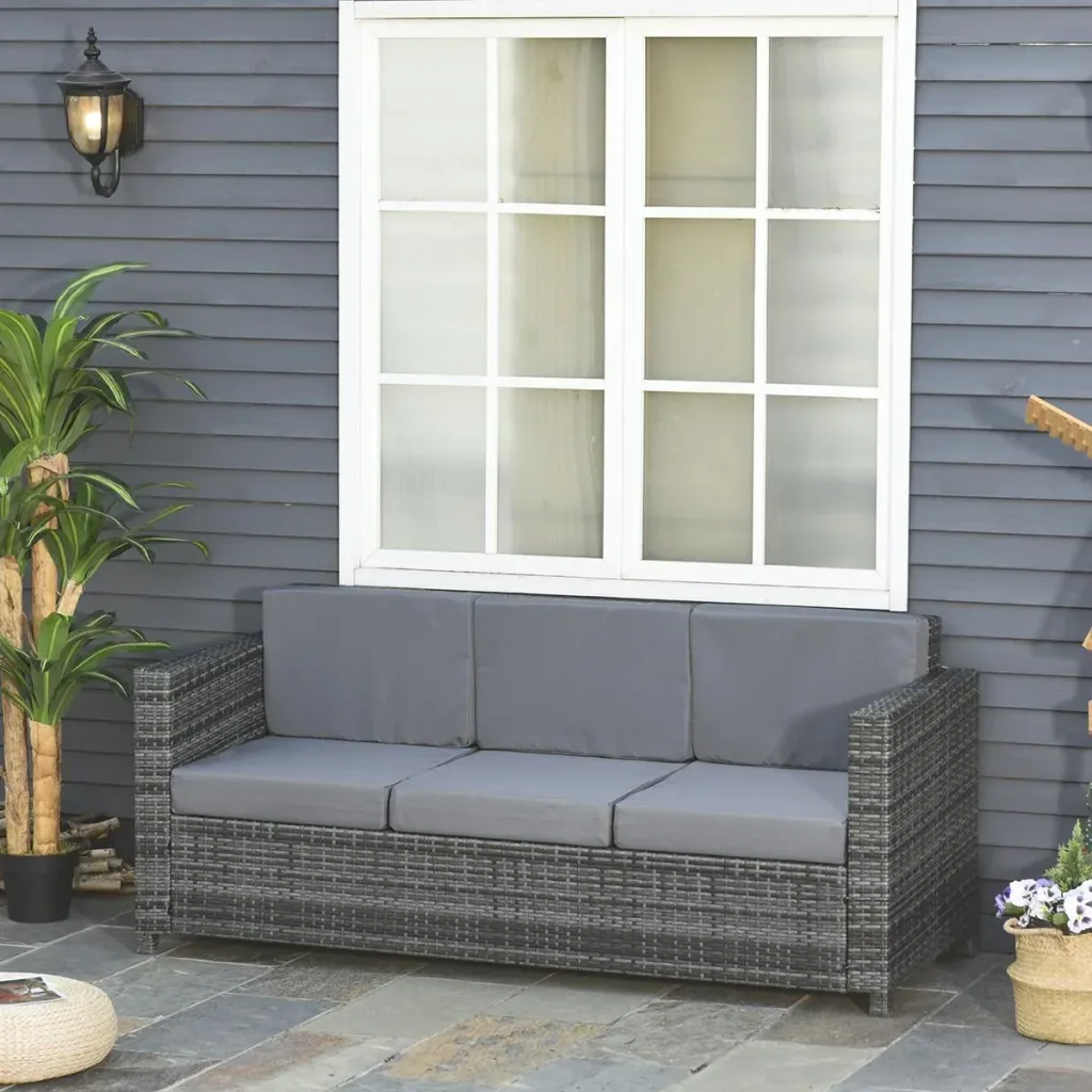 Poly-Rattan Sofa with Cushions 3-Seater Garden Lounge Sofa Metal Polyester Grey 185 x 70 x 80 cm