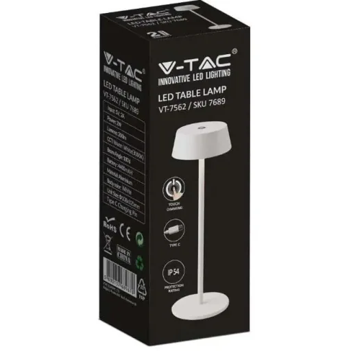 VT-7562 Table Lamp - 3000K - Dimmable by Touch - Rechargeable - White