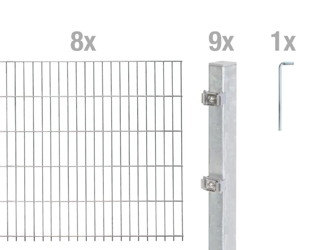 Double rod mesh fence complete set, hot-dip galvanized, height 140 cm, length 16 m