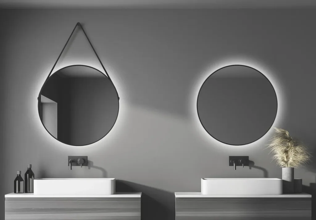 Decorative round wall mirror with indirect LED lighting in matt black Ø 80 cm