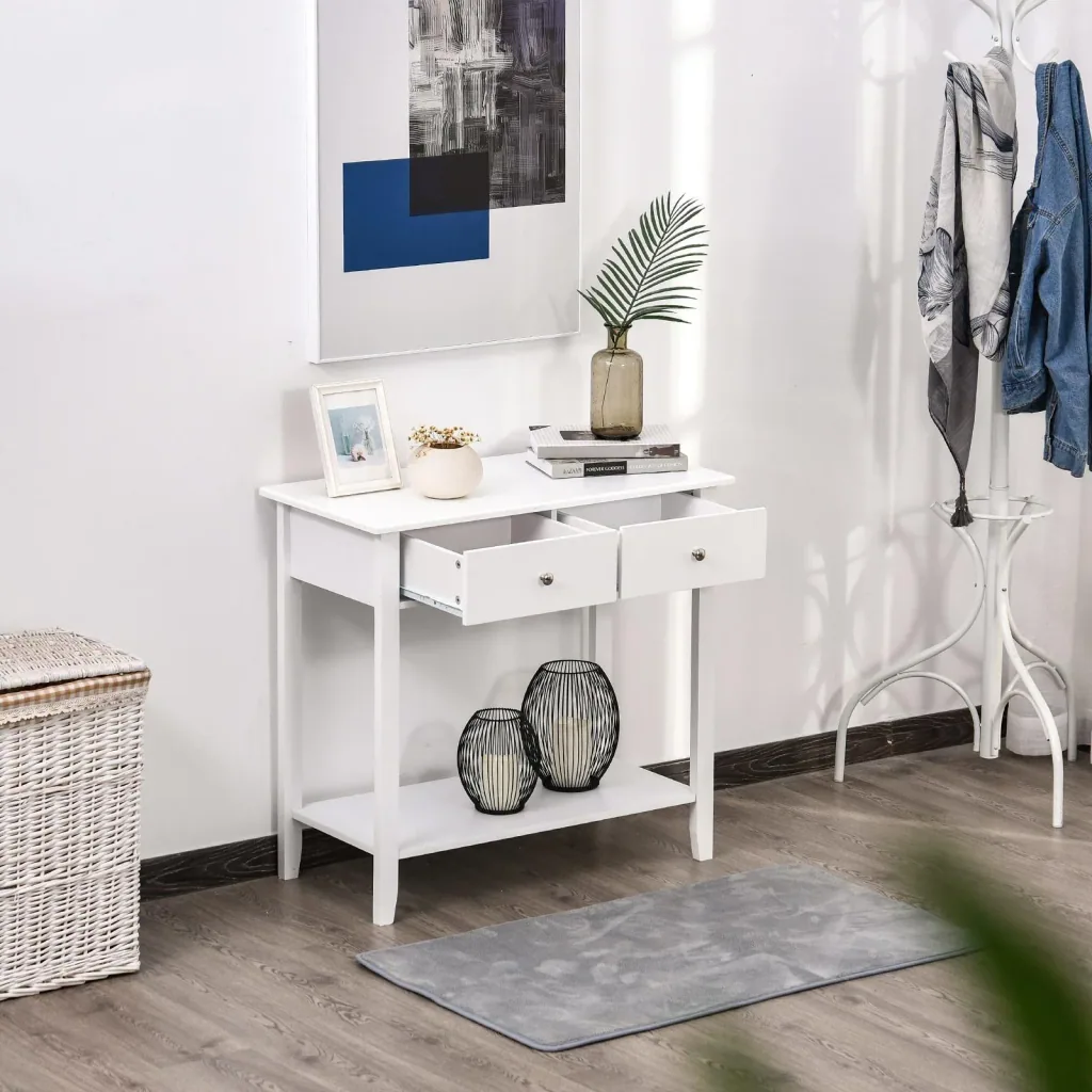Side table with 2 drawers, solid white wood