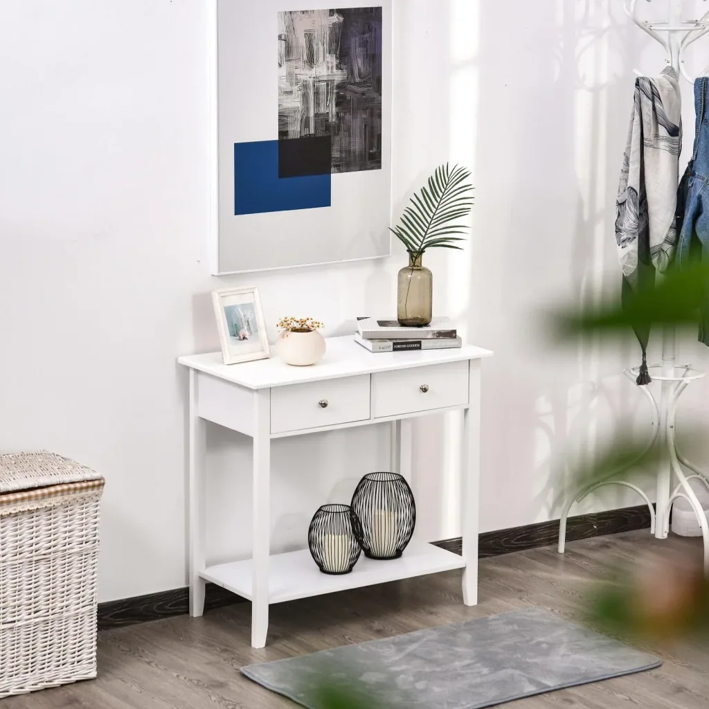 Side table with 2 drawers, solid white wood