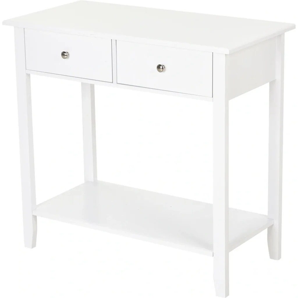 Side table with 2 drawers, solid white wood
