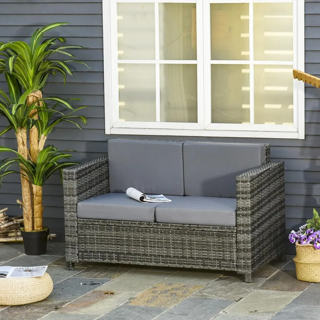 Poly-Rattan Sofa with Cushions 2-Seater Garden Lounge Sofa Metal Polyester Grey 130 x 70 x 80 cm