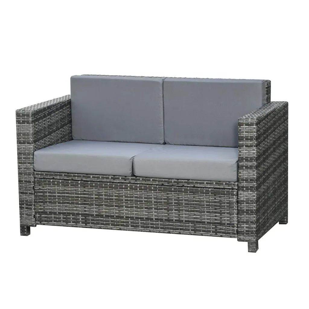 Poly-Rattan Sofa with Cushions 2-Seater Garden Lounge Sofa Metal Polyester Grey 130 x 70 x 80 cm