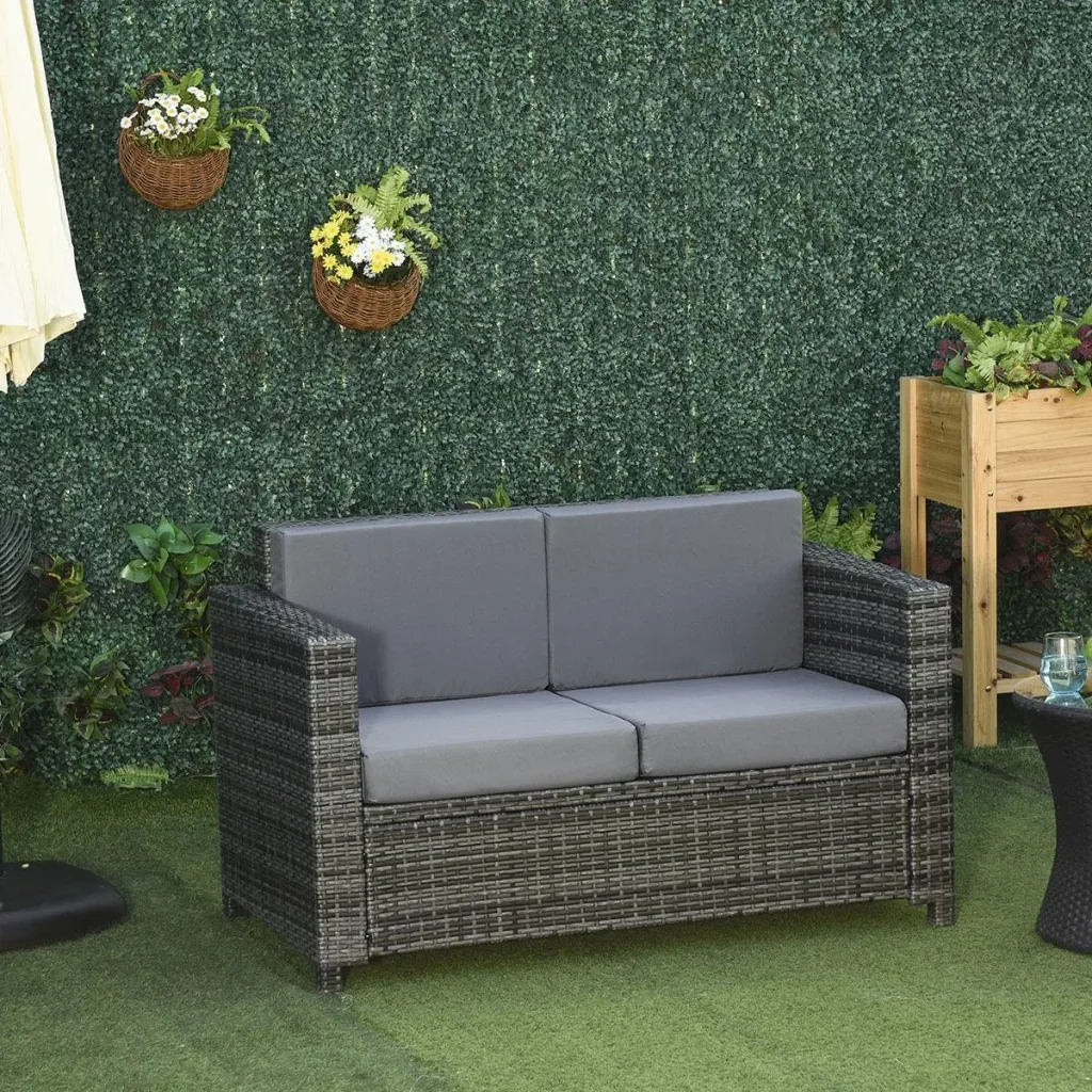 Poly-Rattan Sofa with Cushions 2-Seater Garden Lounge Sofa Metal Polyester Grey 130 x 70 x 80 cm