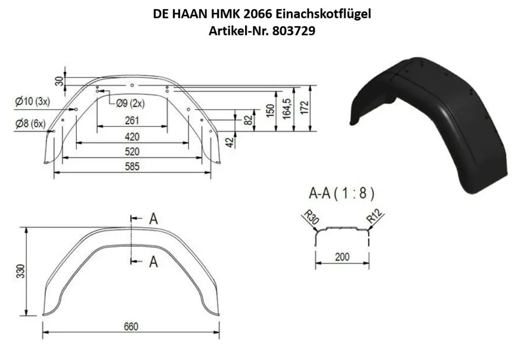 DE HAAN HMK 2066 single-axle mudguard, span 660 mm