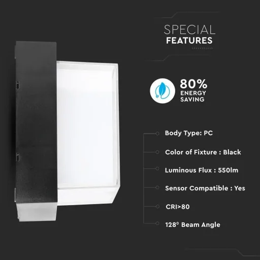 VT-831 LED wall light - 7W - 3000K - 400 lumens - Black - Square