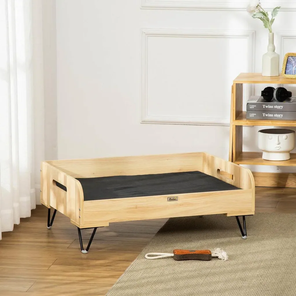 Dog loft bed with protective edge and carrying handles, oak+black, 82 x 56 x 31.5 cm