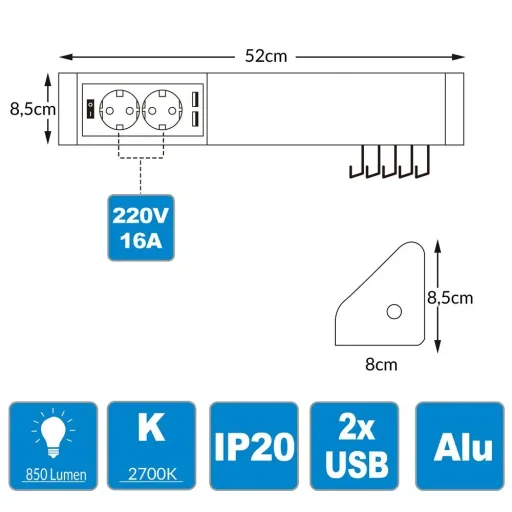 Underfloor lighting with hooks + sockets