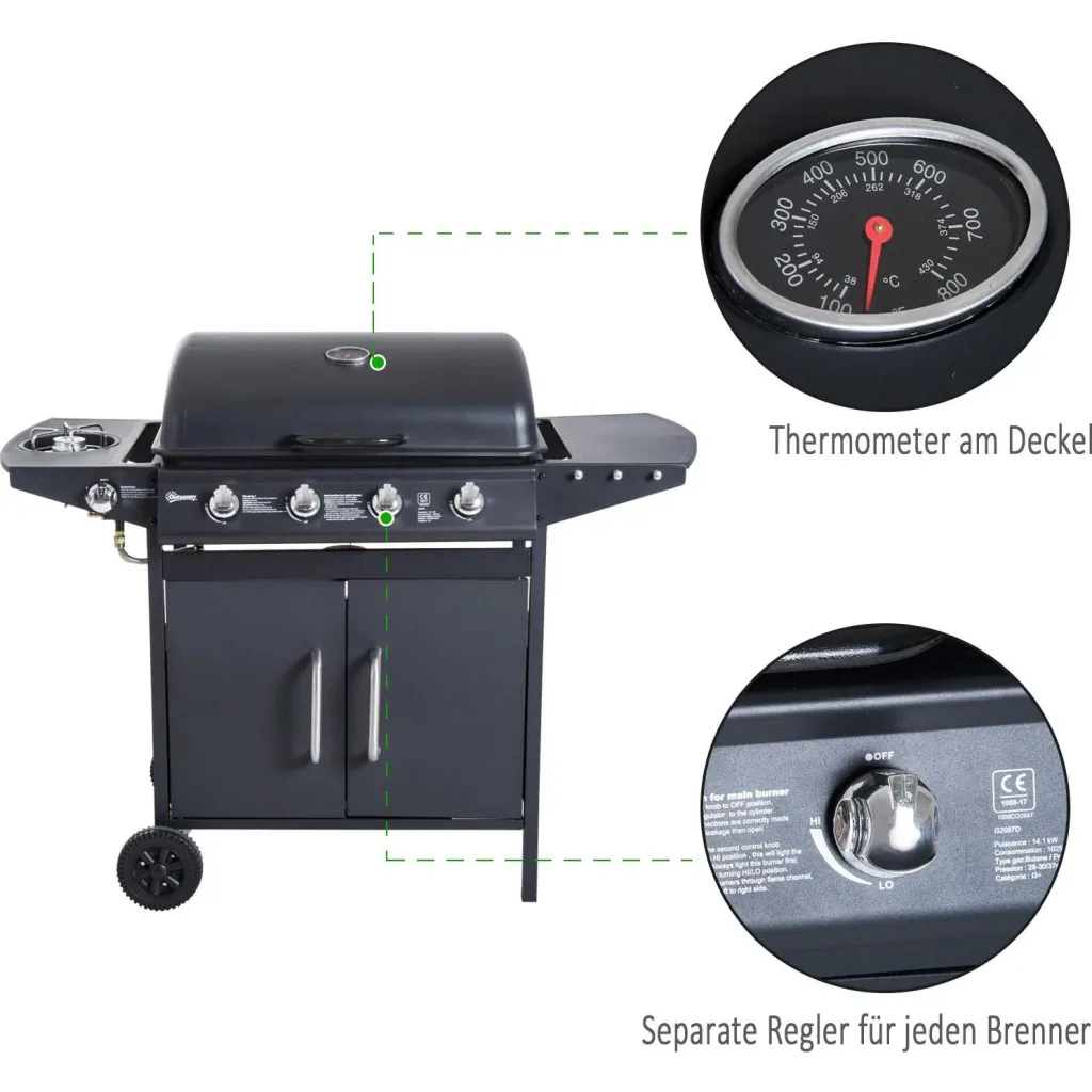 Gas grill grill cart outdoor kitchen stand grill BBQ with 4 x burners thermometer stainless steel 122 x 55 x 98 cm