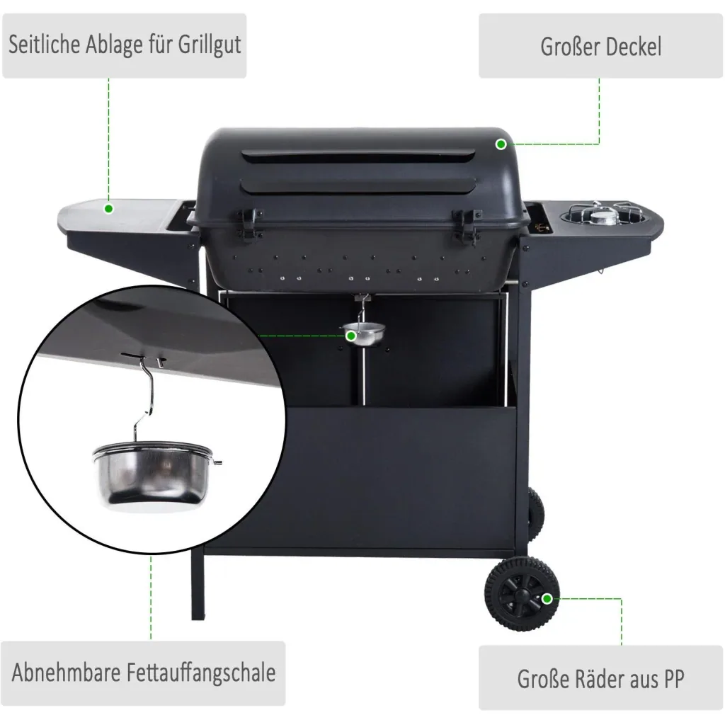 Gas grill grill cart outdoor kitchen stand grill BBQ with 4 x burners thermometer stainless steel 122 x 55 x 98 cm