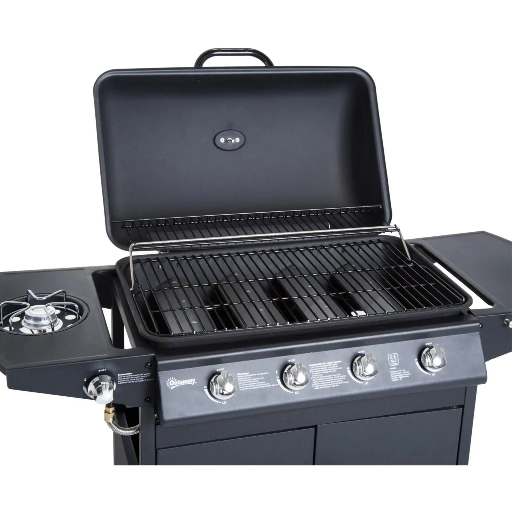 Gas grill grill cart outdoor kitchen stand grill BBQ with 4 x burners thermometer stainless steel 122 x 55 x 98 cm