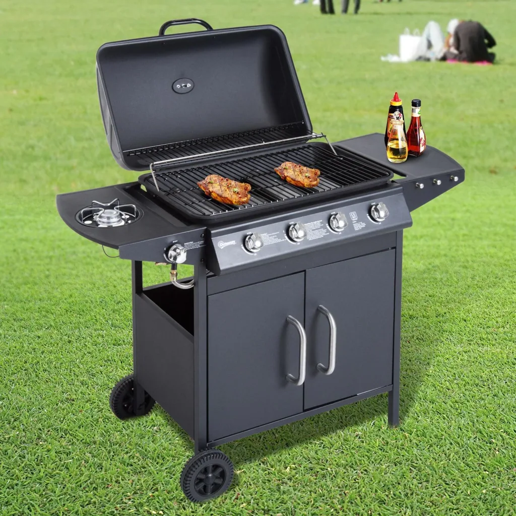 Gas grill grill cart outdoor kitchen stand grill BBQ with 4 x burners thermometer stainless steel 122 x 55 x 98 cm