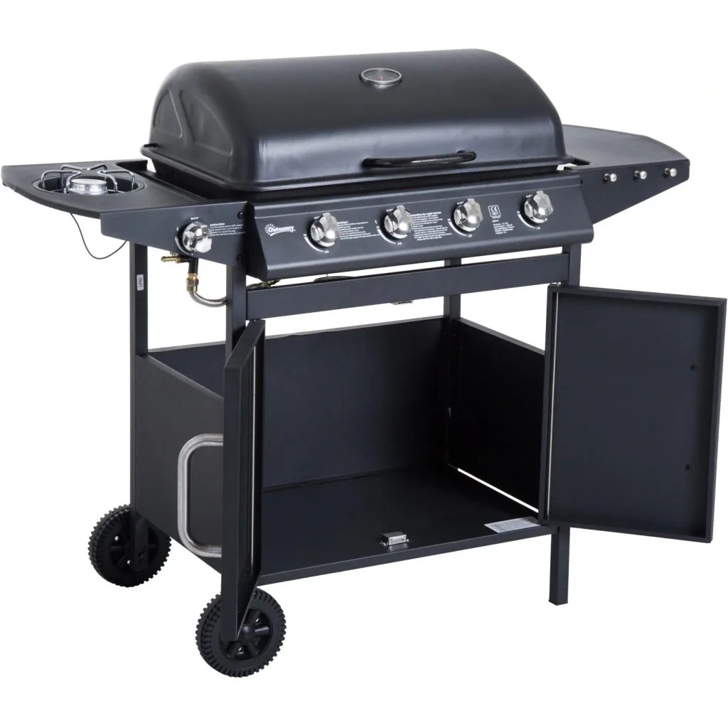 Gas grill grill cart outdoor kitchen stand grill BBQ with 4 x burners thermometer stainless steel 122 x 55 x 98 cm
