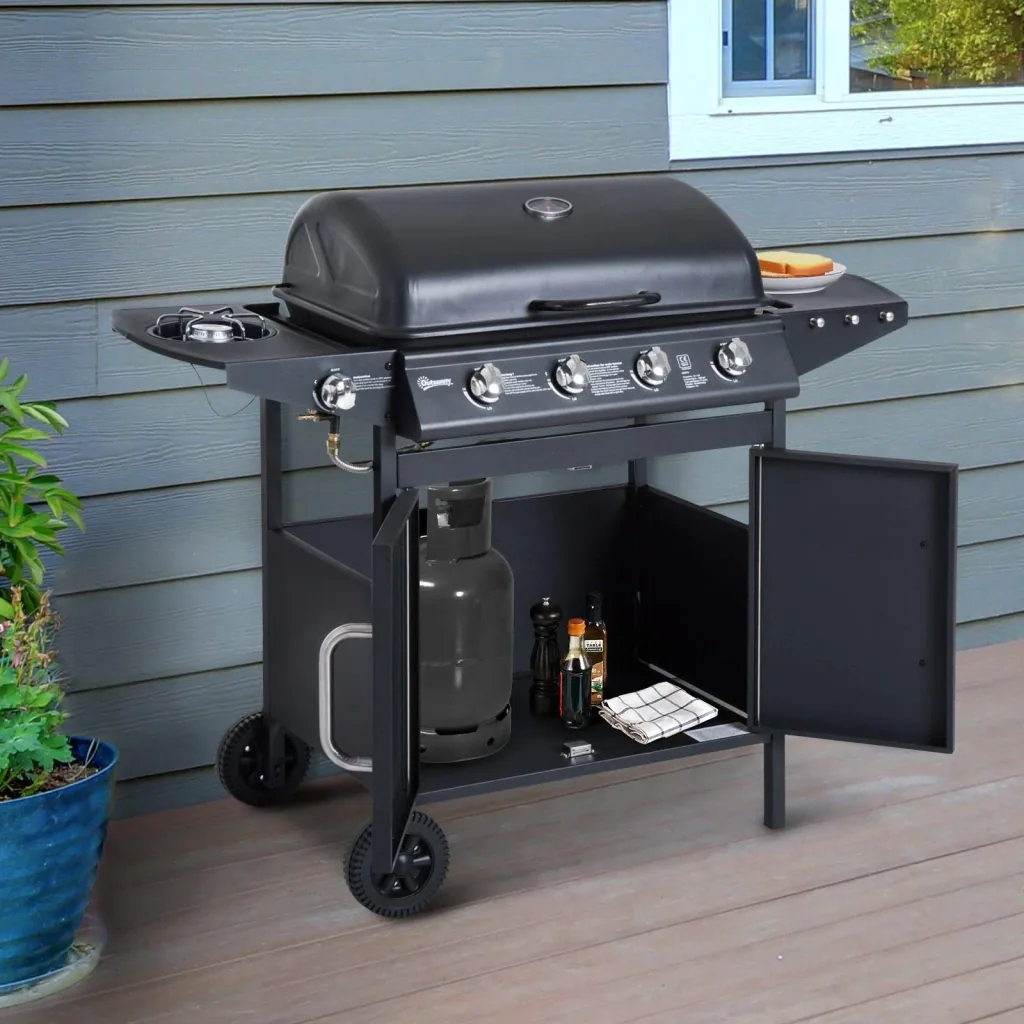 Gas grill grill cart outdoor kitchen stand grill BBQ with 4 x burners thermometer stainless steel 122 x 55 x 98 cm