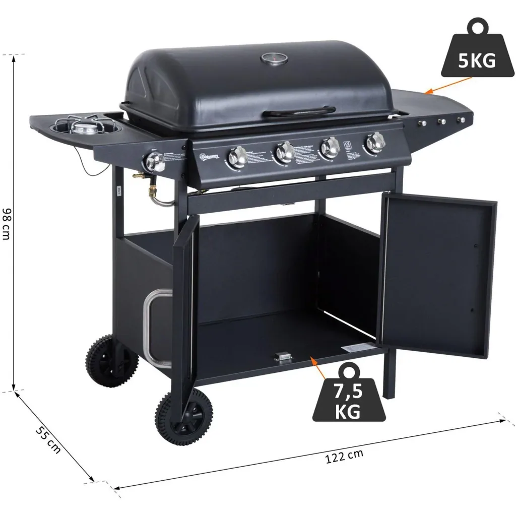 Gas grill grill cart outdoor kitchen stand grill BBQ with 4 x burners thermometer stainless steel 122 x 55 x 98 cm
